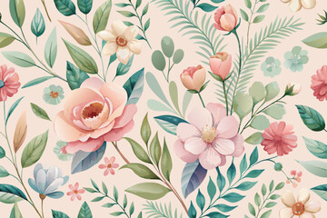 Elegant floral pattern with watercolor style featuring roses leaves and other flowers in soft pink green and blue hues on a light background perfect for