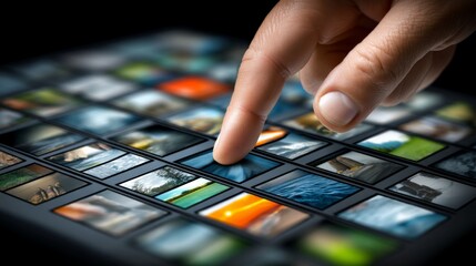 Fototapeta premium Close-up of a person's finger touching a digital tablet screen with multiple app icons