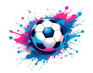 Fototapeta premium Soccer ball with blue, pink and white splatters on it