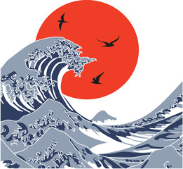 Powerful Wave Meets Sunrise, Inspired by Hokusai's Great Wave