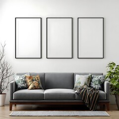 Poster Frame Mockup.Modern Living Room Wall Art Display.