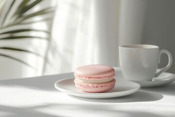 Delicate pink macaron on saucer next to white coffee cup