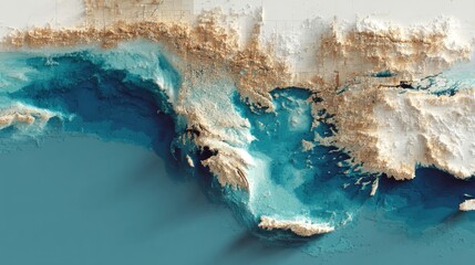 Abstract depiction of a coastal region with textured water and landforms.