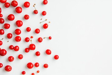 Sweet cherries scattered on a white background showcasing vibrant colors and natural shape, sweet cherries lie on a white background, top view