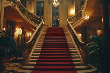 Elegant vintage staircase leading to lavish lobby of Parisian hotel at night, Vintage staircase in the lobby of a Parisian hotel, slow motion