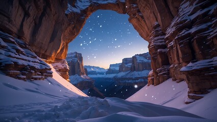 Snowy canyon arch with distant mountain view at twilight hour