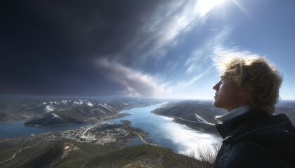 Person gazing at mountaintop vista