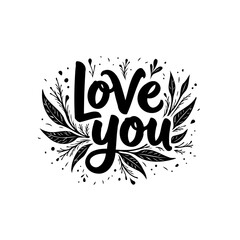 Elegant love you lettering design with floral accents for greeting cards and prints