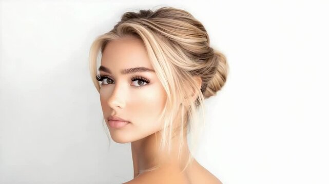 A profile view of a young woman with long, blonde hair styled in a loose bun against a neutral background.