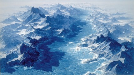 A high-altitude view of a mountainous coastline.