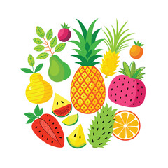 Exotic Tropical Fruits Collection Vector Illustration: Pineapple, Mango, Orange, Kiwi, and More