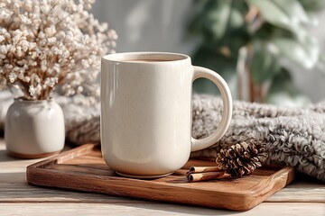 **A Blank Ceramic Coffee Mug Mockup Placed On A Wooden Tray With A Linen Napkin And Cinnamon Sticks Nearby. The Mug Is Clean, White, And Without Any Text, Patterns, Or Branding. A Soft Wool Throw And 