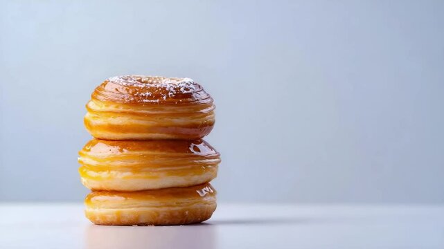 A stack of three glazed doughnuts with a shiny surface, placed on a light background.