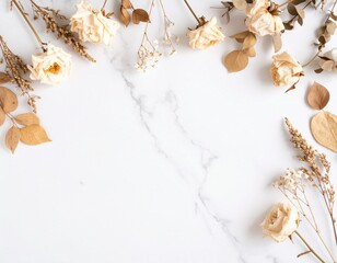 大理石と秋色ドライフラワーのフラットレイ構図｜Flat Lay of Fall Toned Dried Flowers on Marble