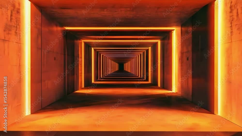 Poster a perspective view of a dimly lit tunnel or corridor with orange glowing outlines creating a geometr