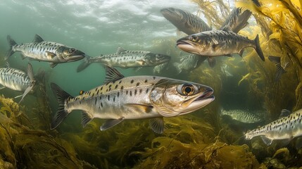 Group of fish swimming among kelp in underwater environment.