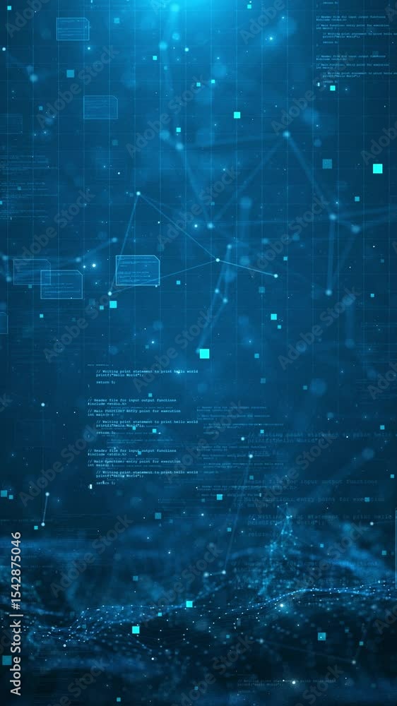 Poster futuristic flight digital line landscape waves, dust particle abstract cybersecurity technology digi