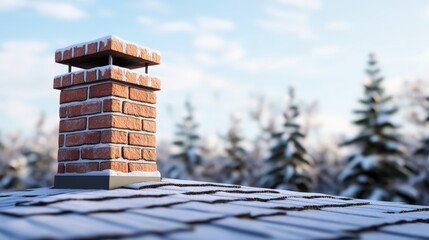 Close-up of a brick chimney on a snow-covered roof with evergreen trees and blue sky in background