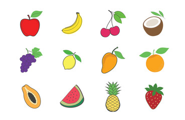 Hand drawn colorful fruits vector illustration set. Natural tropical fruits apple, banana, mango, lemon, orange, pineapple.