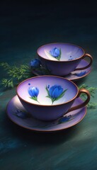 Two violet teacups with blue flower designs