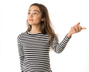 Smiling Woman in Striped Shirt Pointing Up – Studio Portrait with White Background, Perfect for Advertising, Branding, or Marketing Campaigns