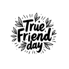 Whimsical True Friend Day Graphic with Foliage Accents in Black and White