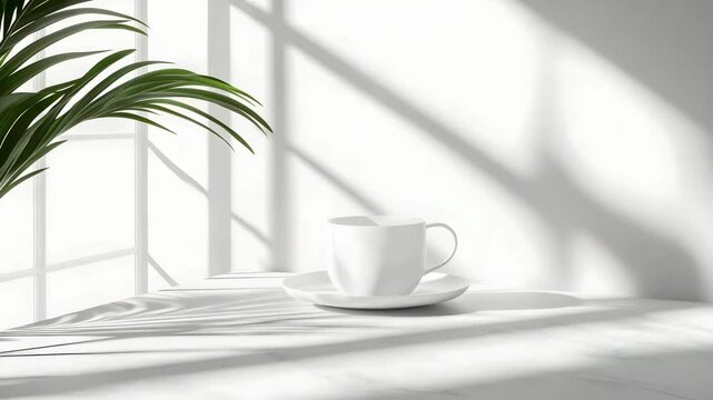 A white cup on a saucer sits on a table, with shadows cast by a nearby plant and natural light from a window.