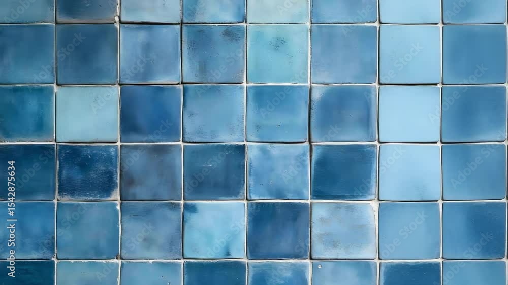 Poster a wall covered with square ceramic tiles in various shades of blue, creating a textured and colorful
