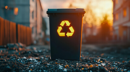A black recycling bin illuminated by warm sunset light stands on gravel between buildings, symbolizing urban waste management and environmental care.