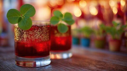Two ruby cocktails with clovers