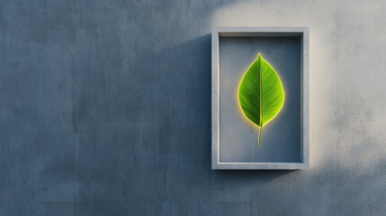 A vibrant green leaf is framed and illuminated, contrasting against a textured gray wall, symbolizing nature and life within a minimalist setting.