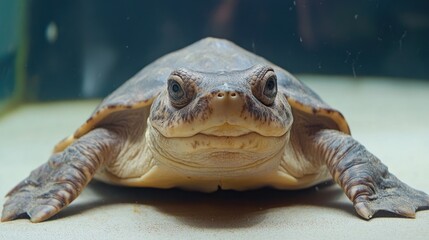 Close-up of a young turtle in an aquarium.