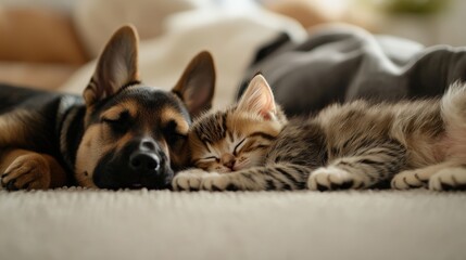 Adorable dog and cat lying together peacefully on a cozy blanket indoors displaying friendship and comfort
