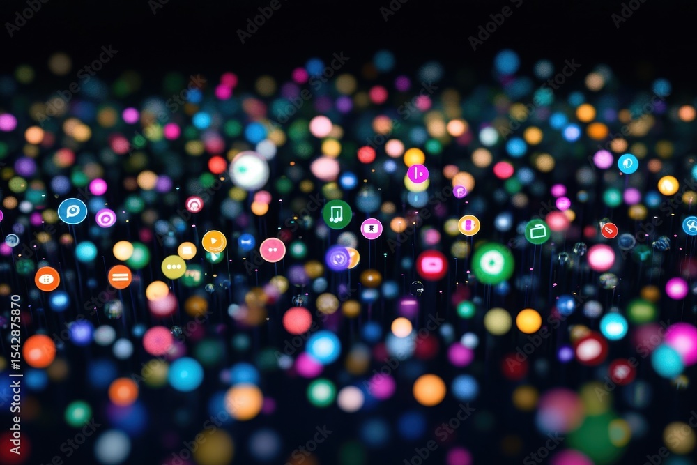 Poster colorful interconnected technology symbols creating a vibrant digital network, a growing network of 
