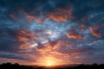 Sunset with dramatic clouds in shades of orange blue and gray over a dark treeline