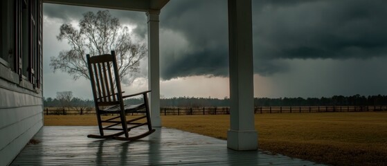 Rocking chair on a porch during a storm with dark clouds and a field in the background on a rainy day