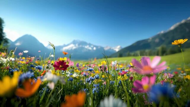 A vibrant field of colorful flowers in front of mountains under a clear blue sky.