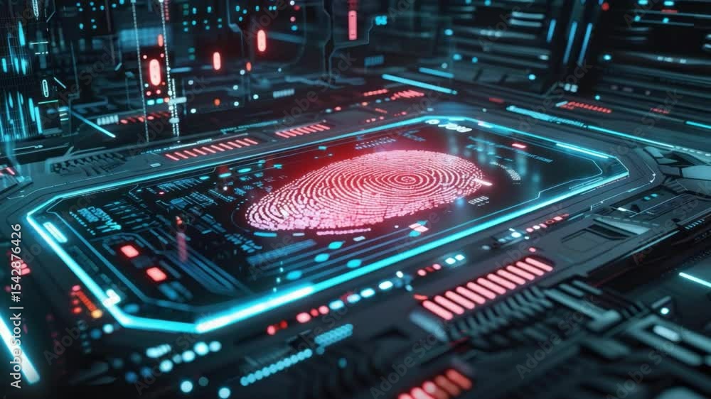Poster a close-up view of a fingerprint being scanned on a futuristic digital circuit board. the image conv