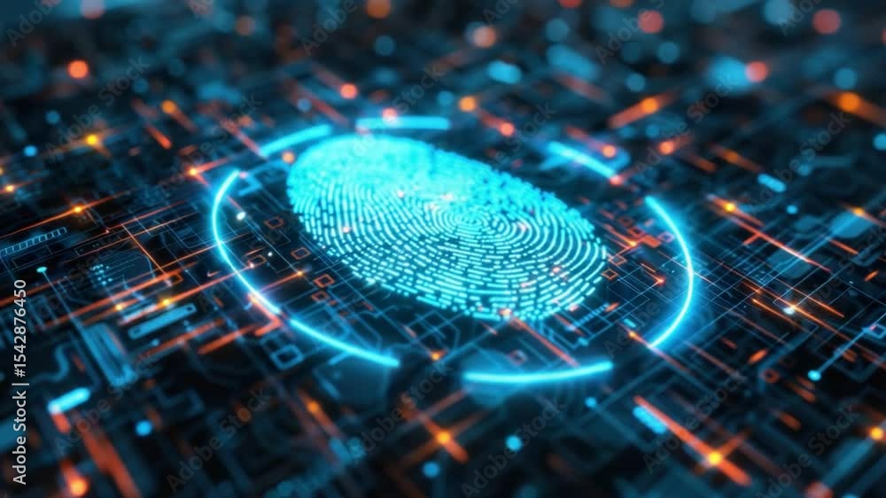 Poster a futuristic fingerprint on a high-tech circuit board, symbolizing advanced security and data protec