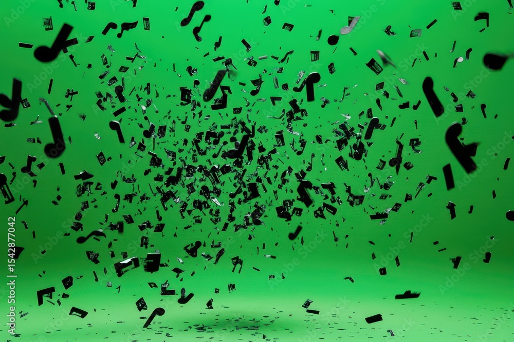 Poster black music notes cascading through a vibrant green backdrop create a dynamic visual experience, rai