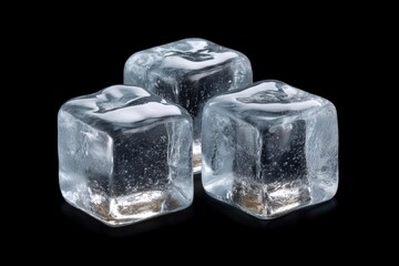 Three clear ice cubes are arranged on a black surface reflecting light