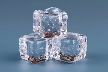 Three clear ice cubes stacked in a pyramid formation on a gray background displaying internal textures and a glossy surface