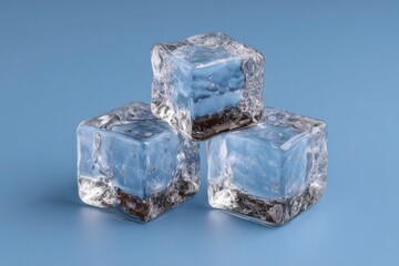 Three ice cubes are stacked on a light blue surface creating a cool refreshing visual