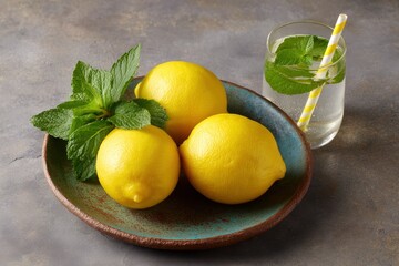 Three lemons on a blue plate with mint leaves next to a glass of clear drink with a yellow straw