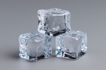 Three ice cubes stacked in a pyramid shape set against a neutral gray background
