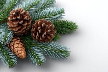 Three pine cones and several evergreen branches against a white background