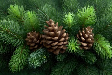 Three pinecones are nestled within the verdant needles of a coniferous tree branch