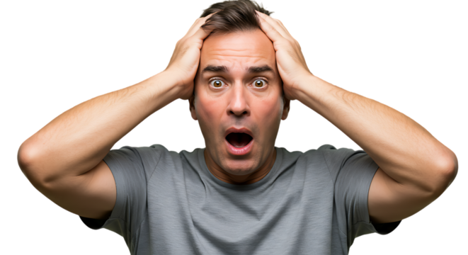 Surprised man showing shock with wide eyes and open mouth against black background