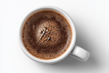 Topdown view of a white ceramic mug filled with frothy coffee