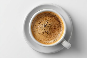 Topdown view of a white coffee cup with foam atop a white saucer on a white surface